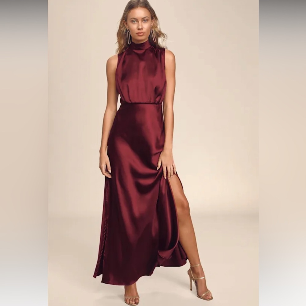 Lulu's Burgundy Satin Maxi Dress